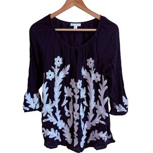 Charter Club Embroidered Peasant Top‎ Floral 3/4 Sleeve Blouse Size Small